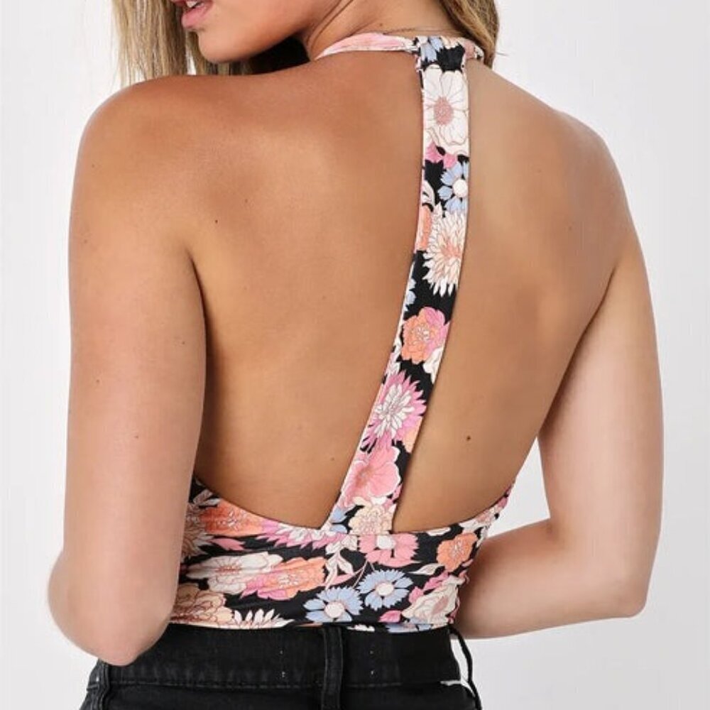 Lulus Black Floral Halter Neck Bodysuit